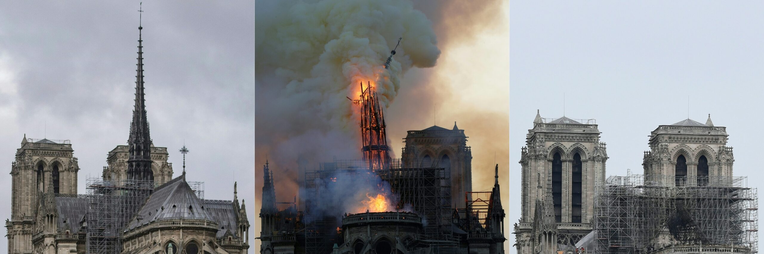 Combinación de imágenes del antes, durante y después de la tragedia